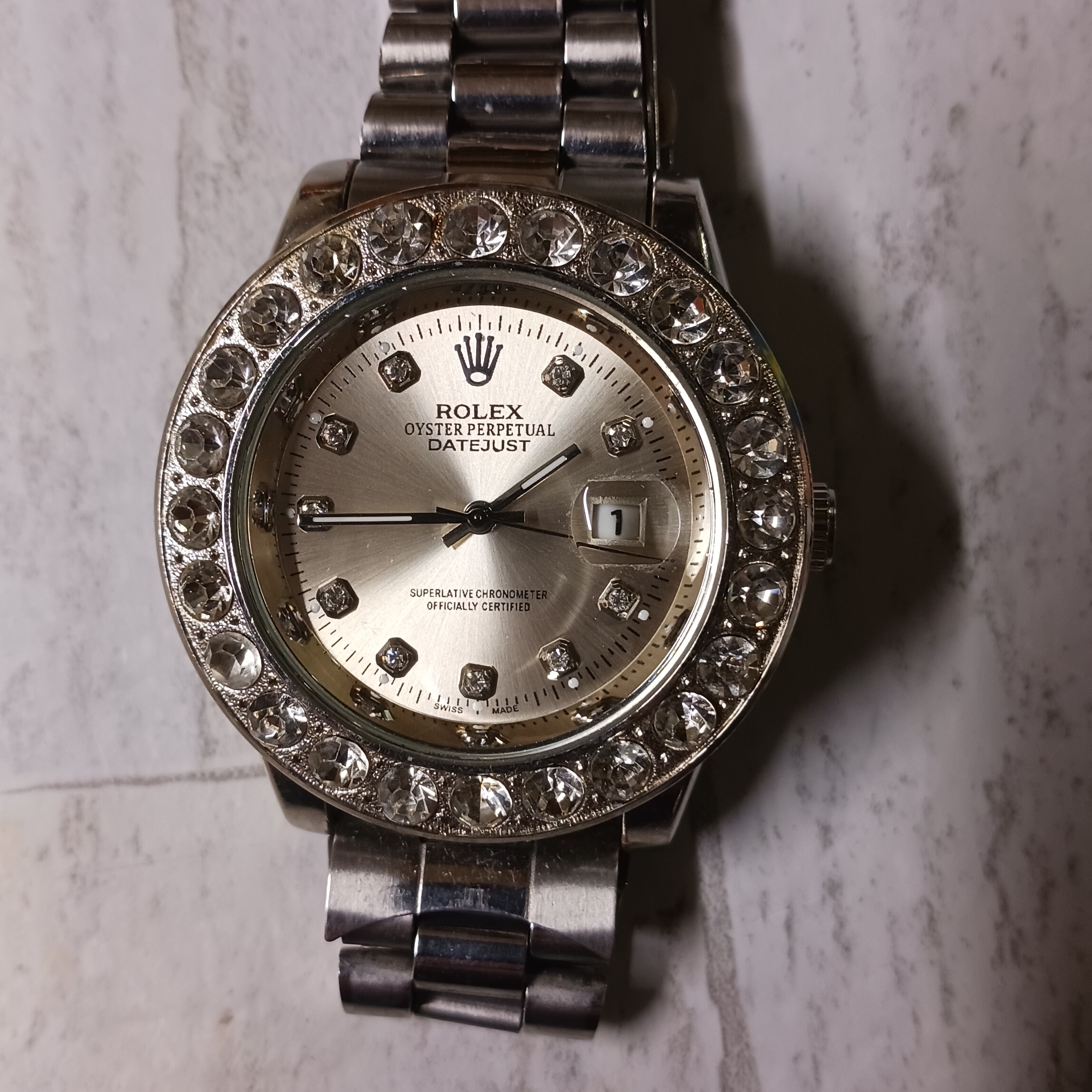 Rolex Oyster Perpetual Datejust Silver Tone Diamond Bezel Watch
